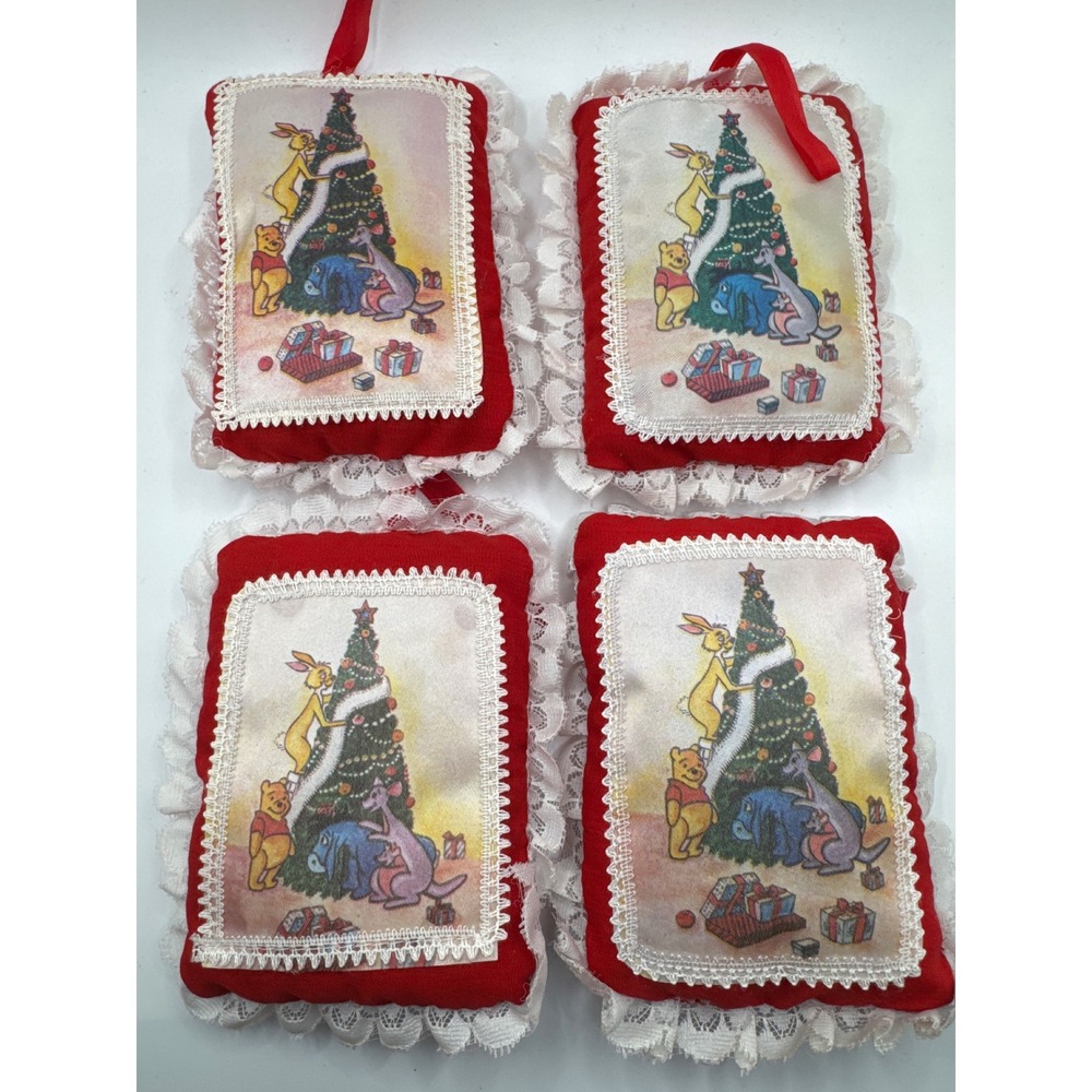 Vintage Winnie the Pooh Christmas Tree Pillow Ornaments Set of 4 Red Lace Trim